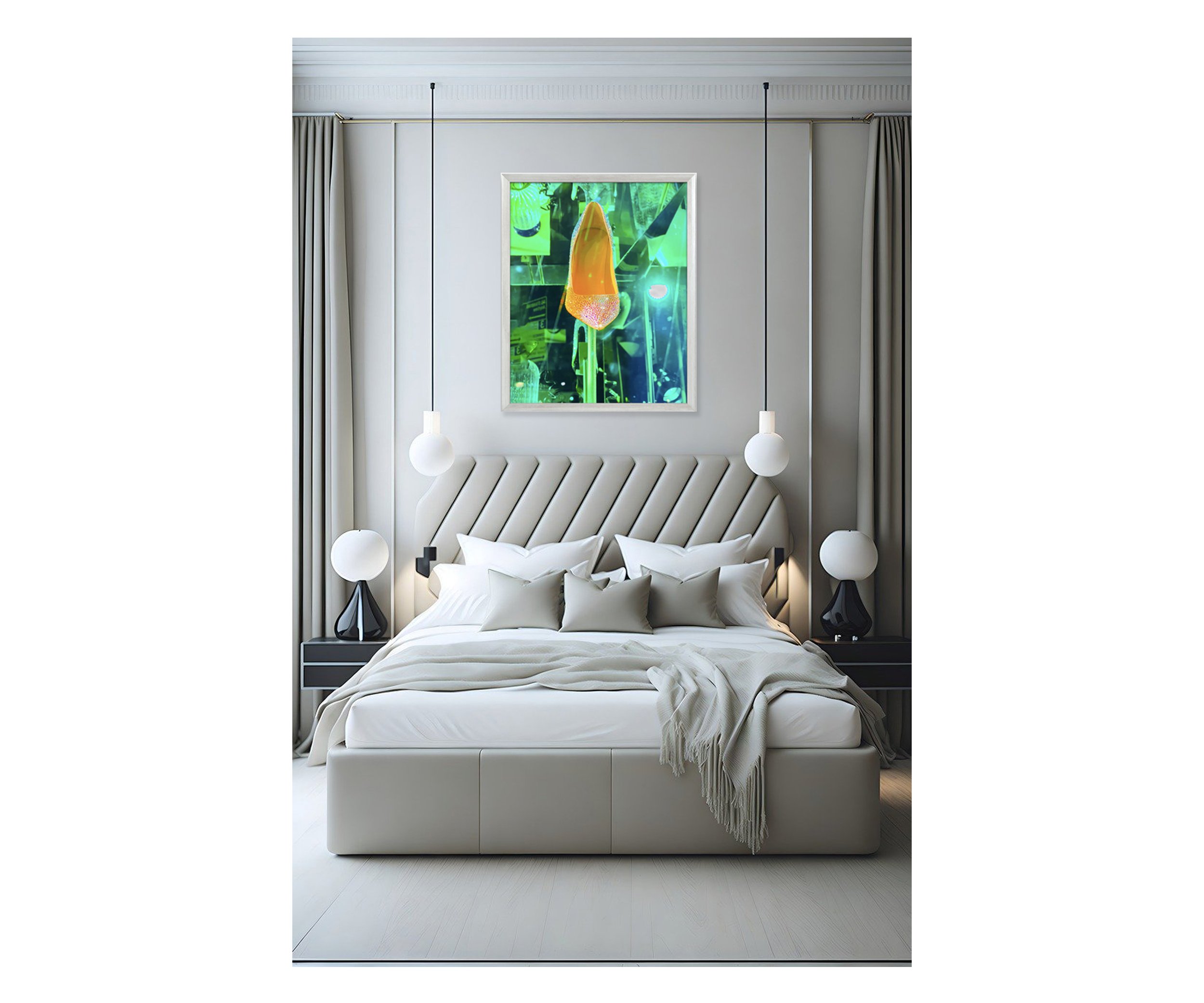 Cinderella Left This In The Emerald City, in grey bedroom, by Ceil Diskin