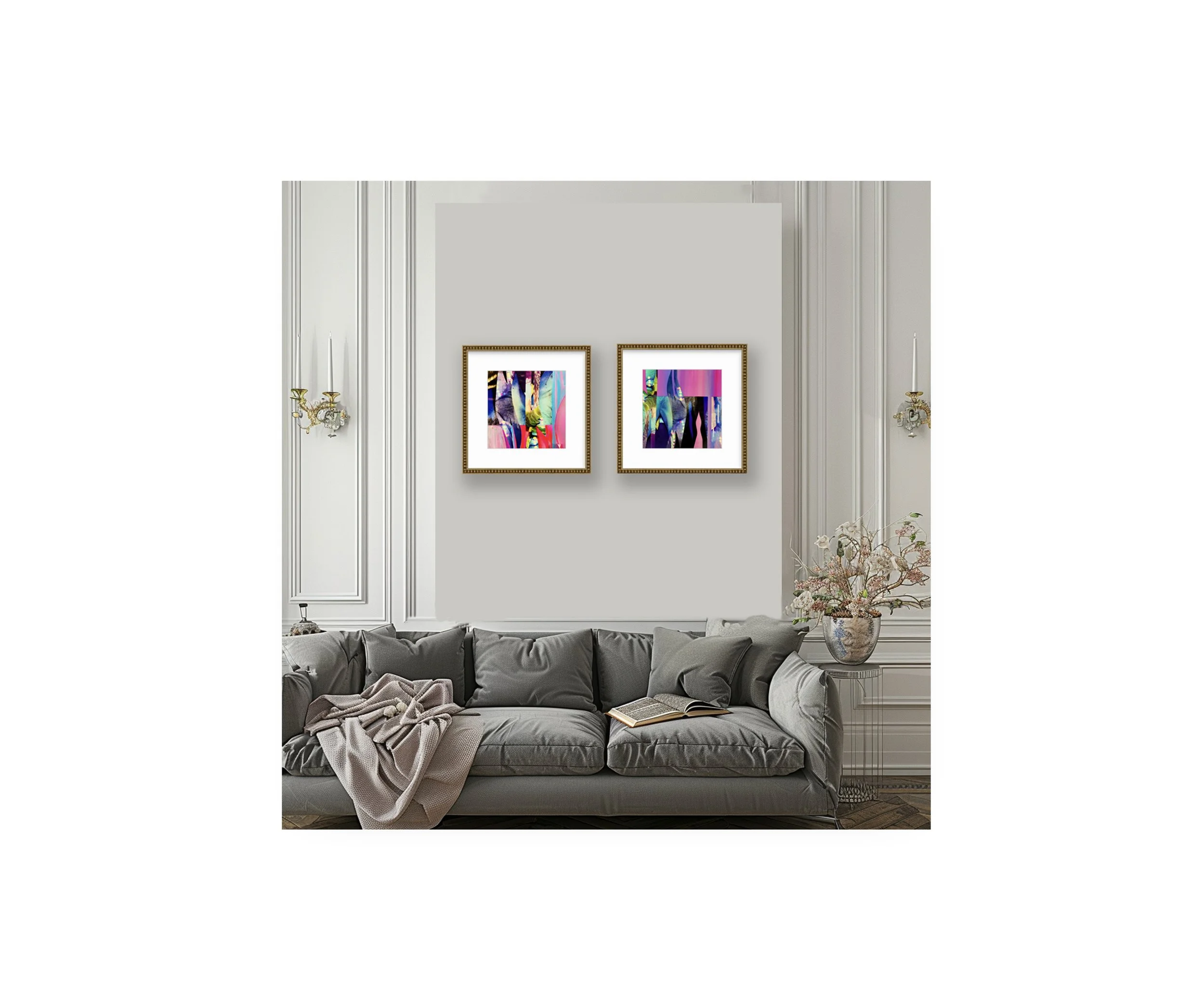 Blue Runway & Run A Red Light, over sofa in modern living room, by Ceil Diskin