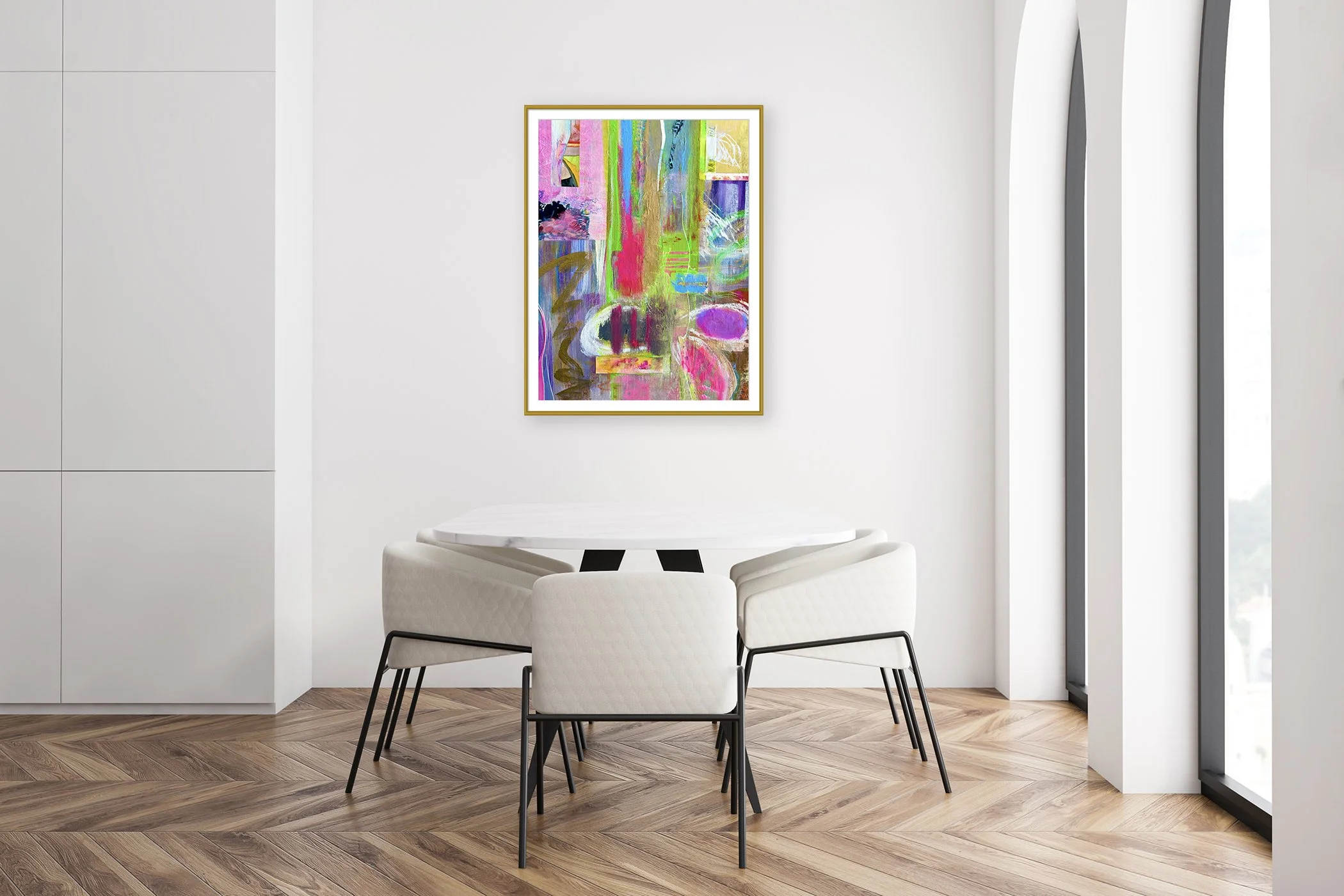 Rebel.18”x24” painting print, matted & framed, in scene. Ceil Diskin, 2025.