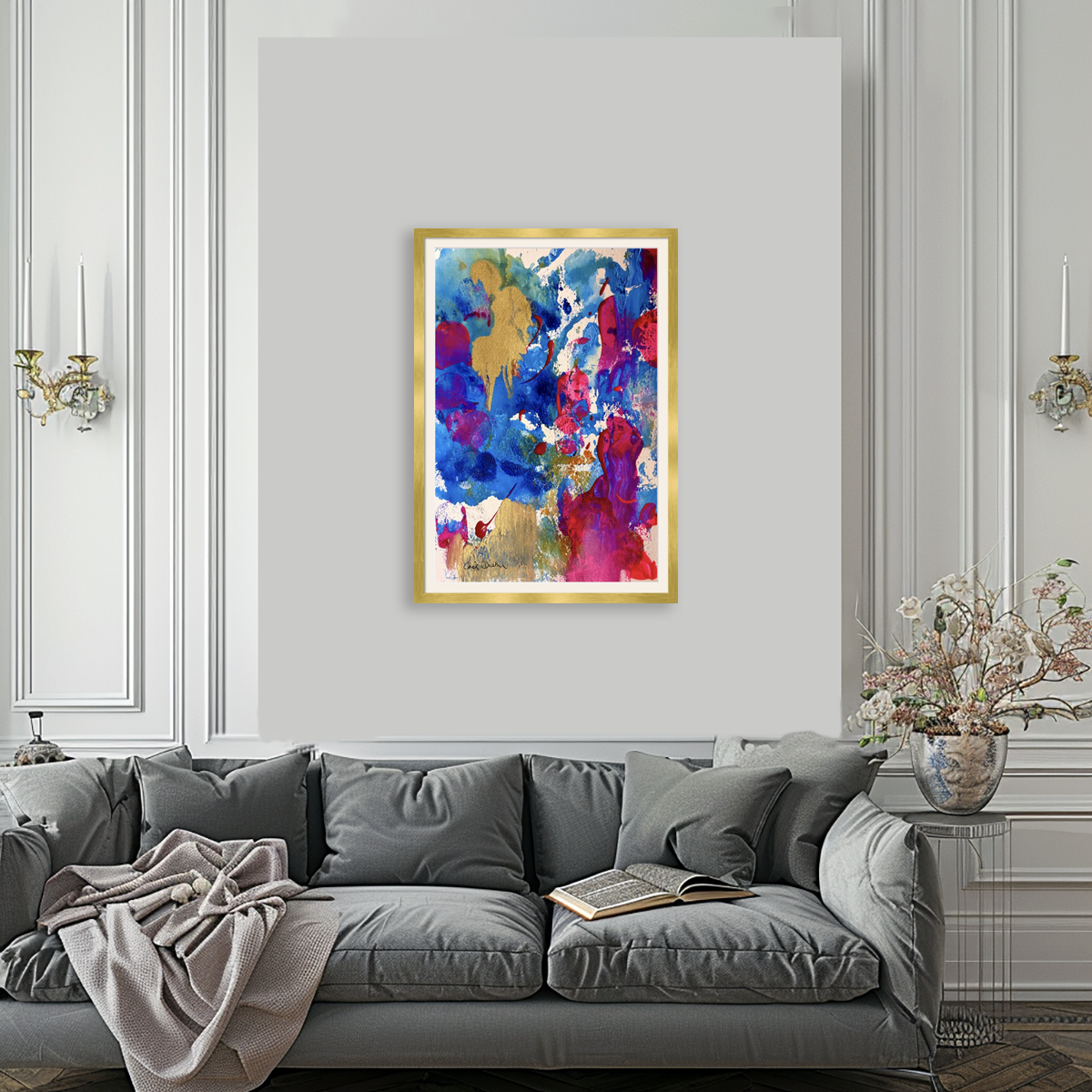 Pop.16”x24” painting print, matted & framed, in scene. Ceil Diskin, 2025.