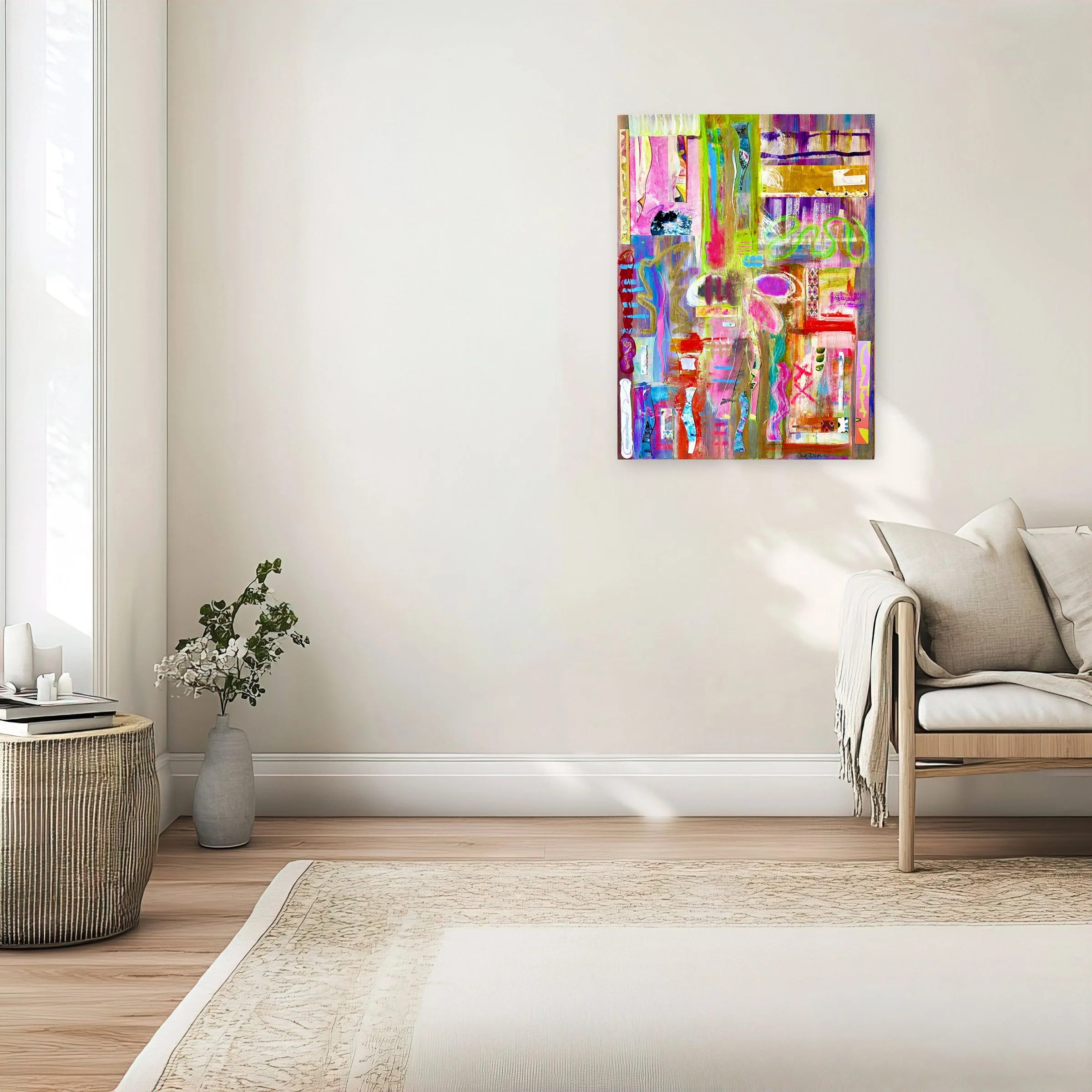 SMASH, mixed media collage hanging over beige sofa, by Ceil Diskin