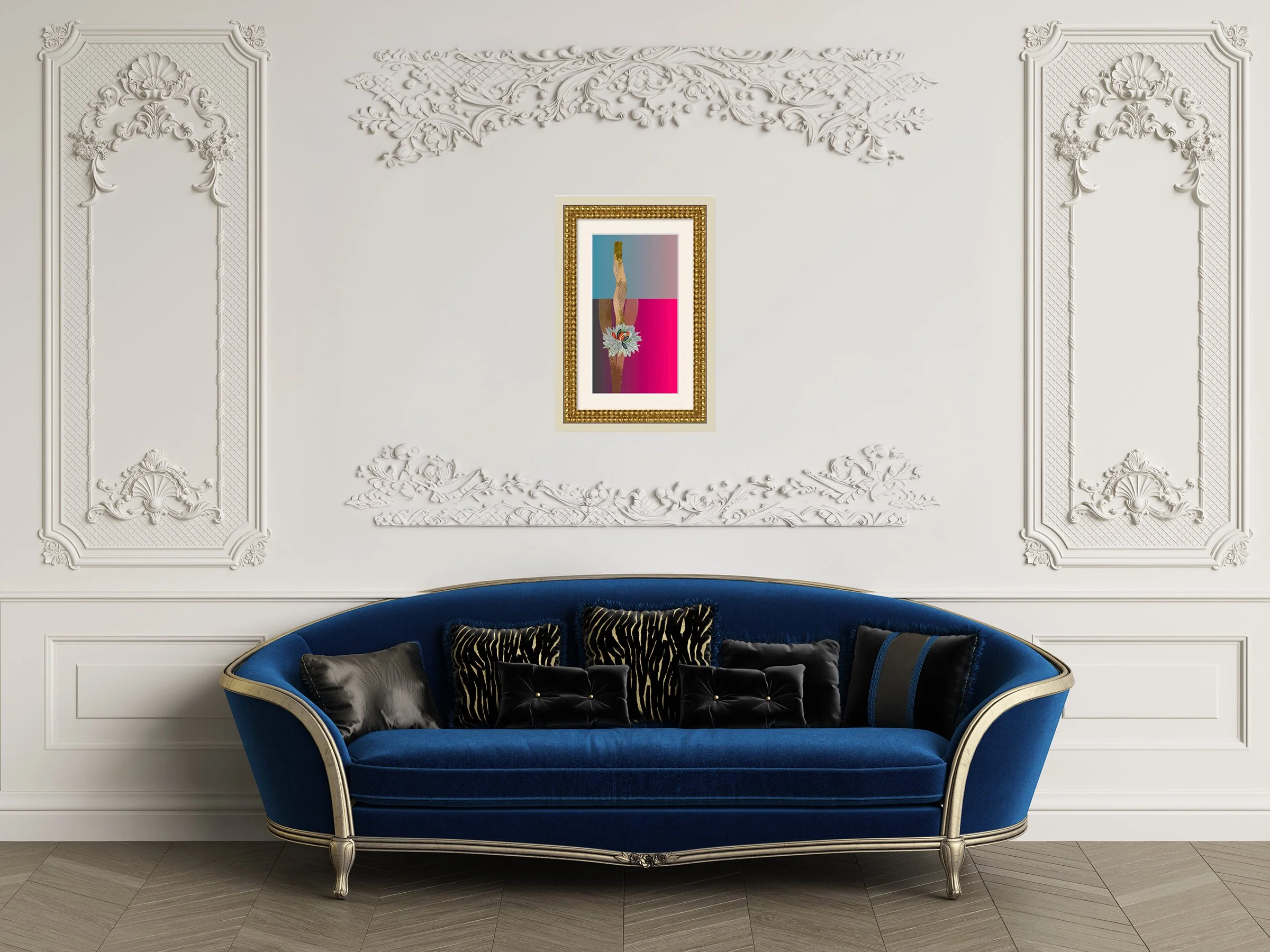 Alice. 5x9 collage print, matted & framed, in scene. Ceil Diskin-2025.