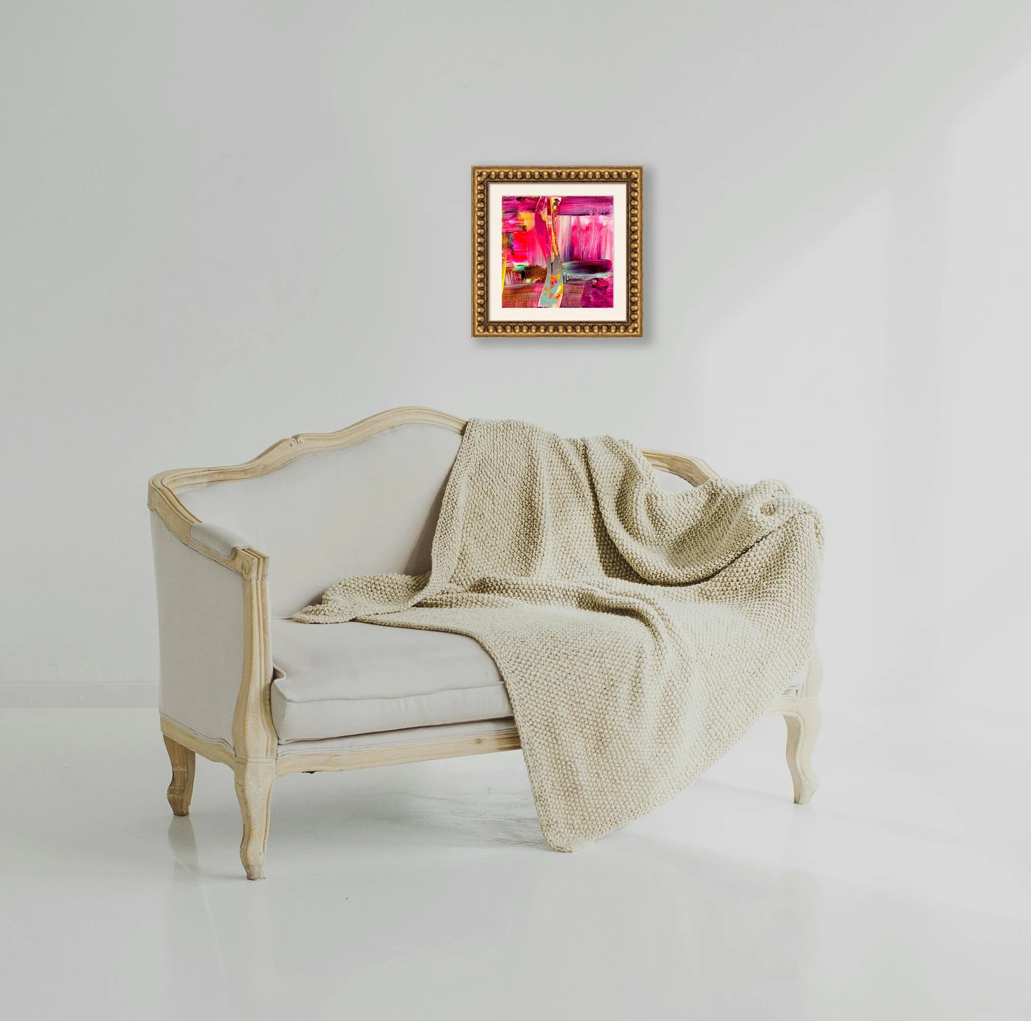 Always-I Feel Love Series, gold frame over white sofa, by Ceil Diskin