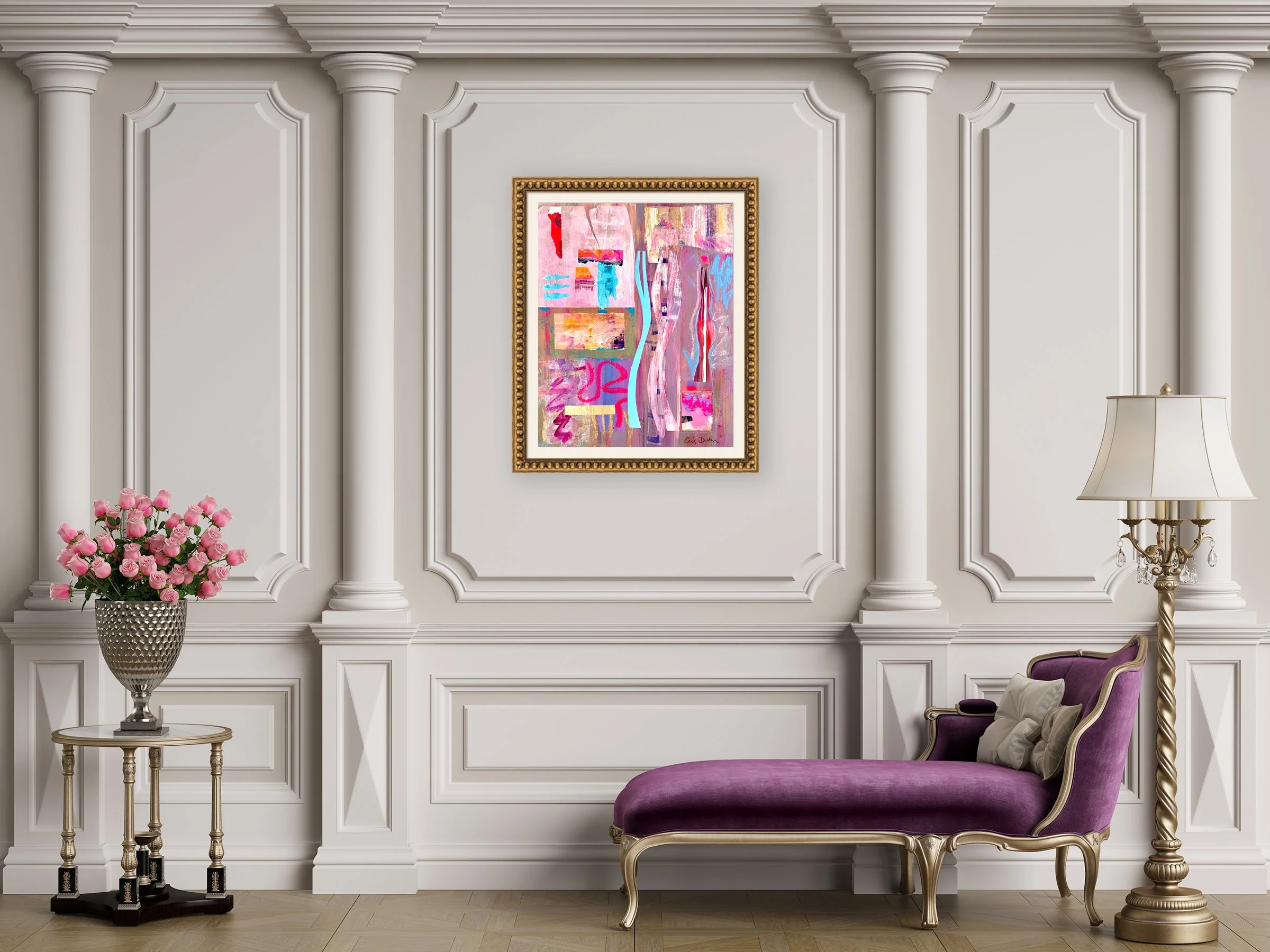 Miracle Road. 16x20 collage print, matted & framed, in scene. Ceil Diskin-2025.