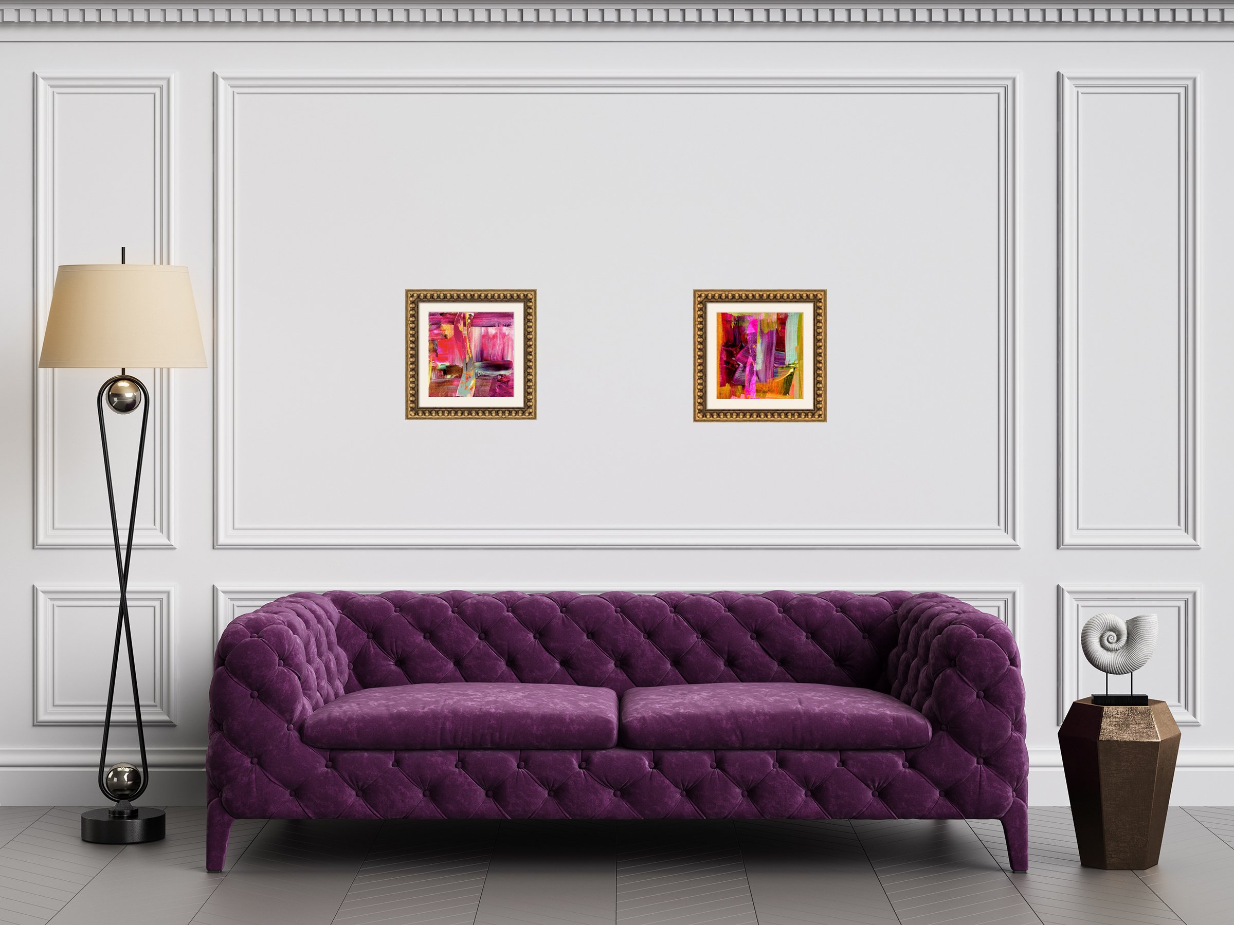 Always & Through & Through-I Feel Love Series, gold frame over purple sofa, by Ceil Diskin