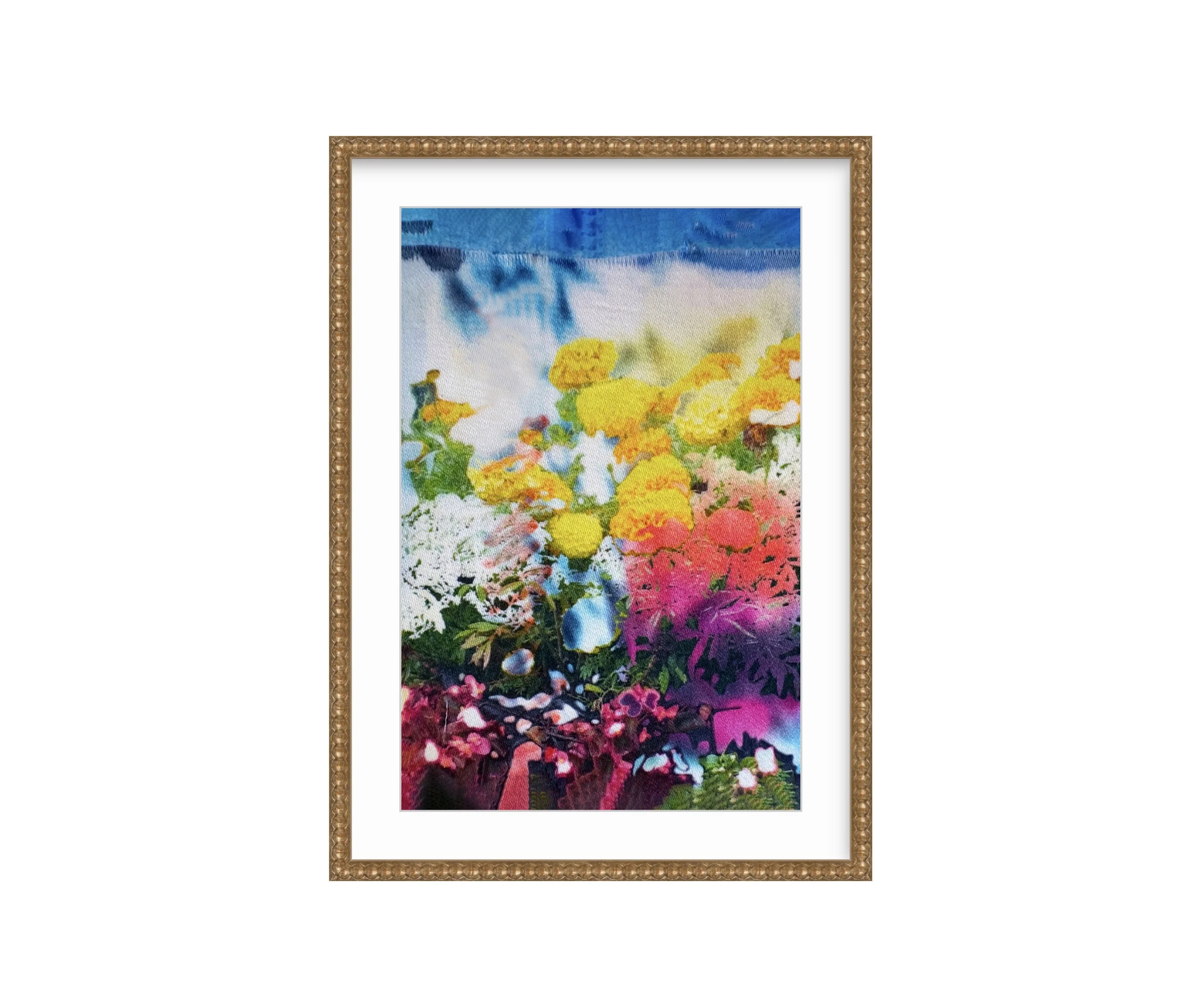 Flower Garden on Denim, gold bead frame