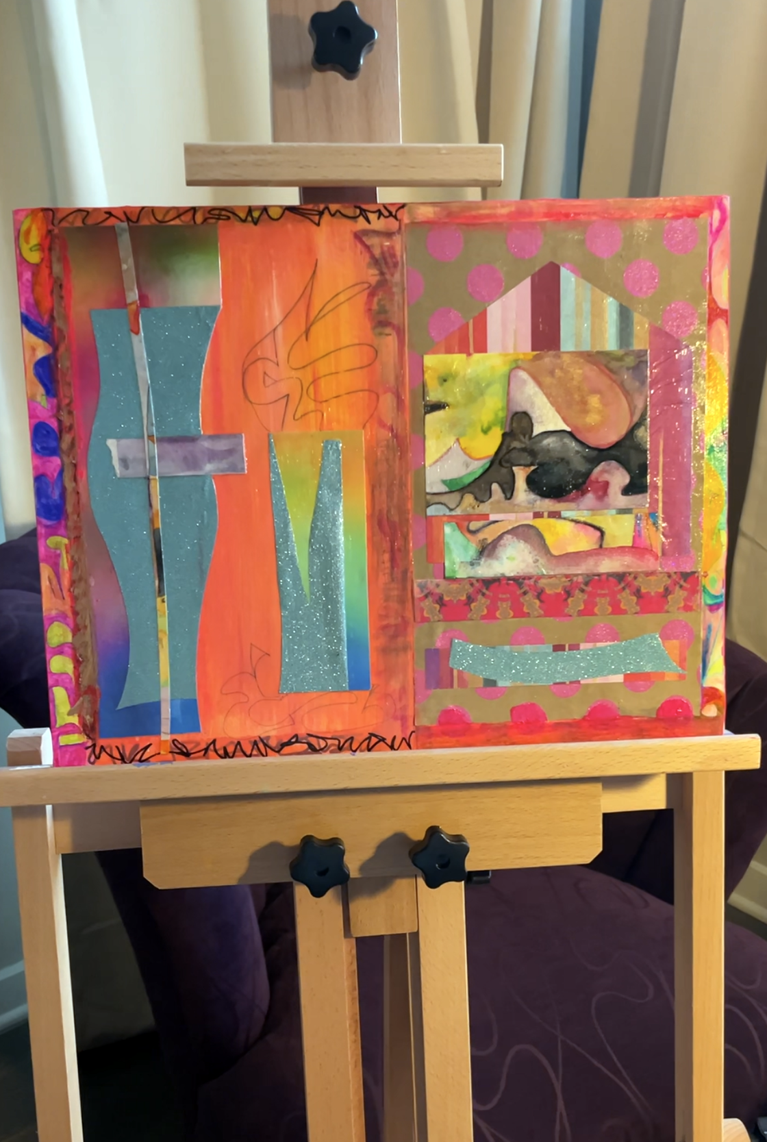 Summertime Birthday. 14x11 mixed media collage on wood, in scene. Ceil Diskin-2025.