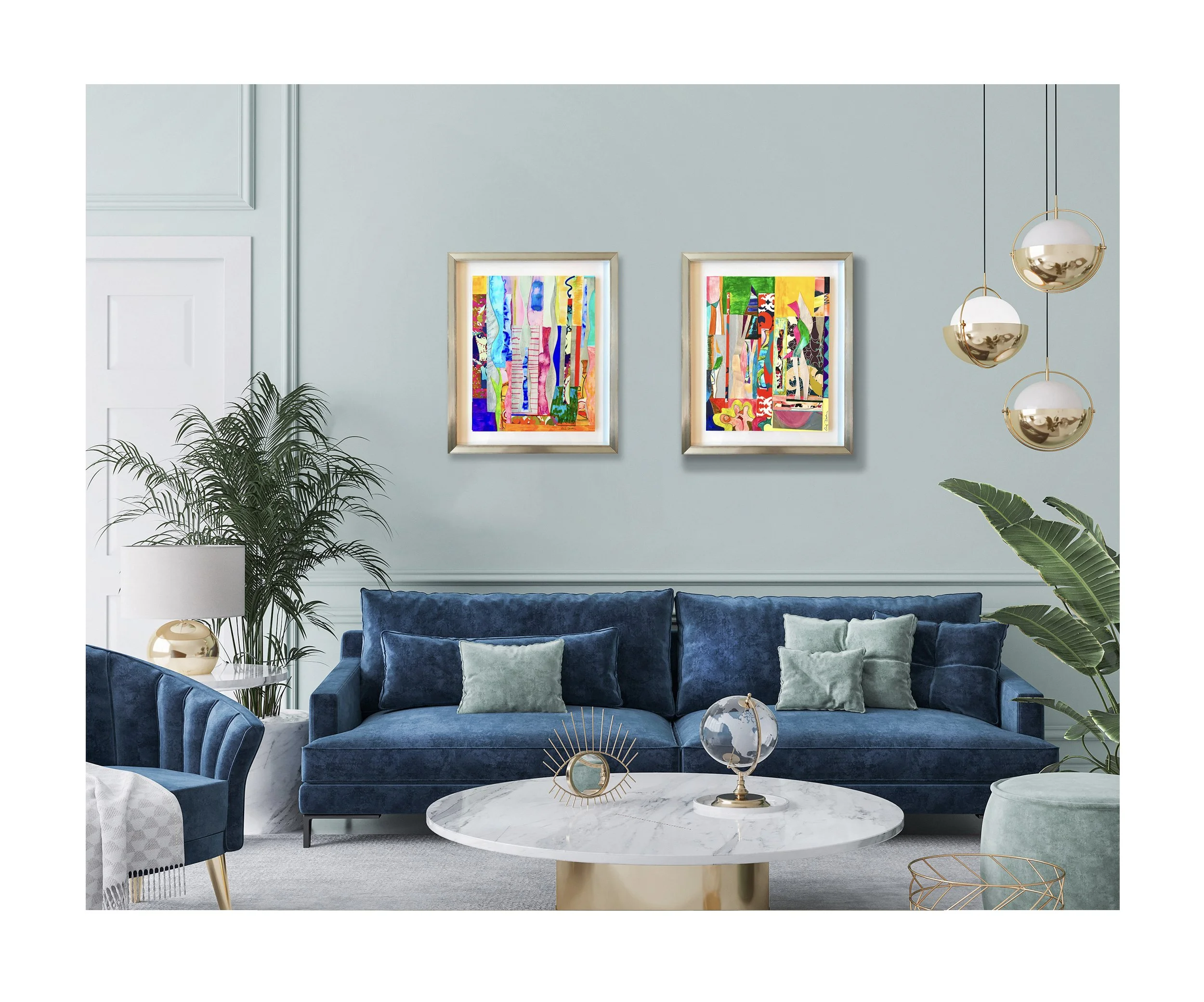 Restless and Kiss Me - framed Mixed Media Collages in scene
