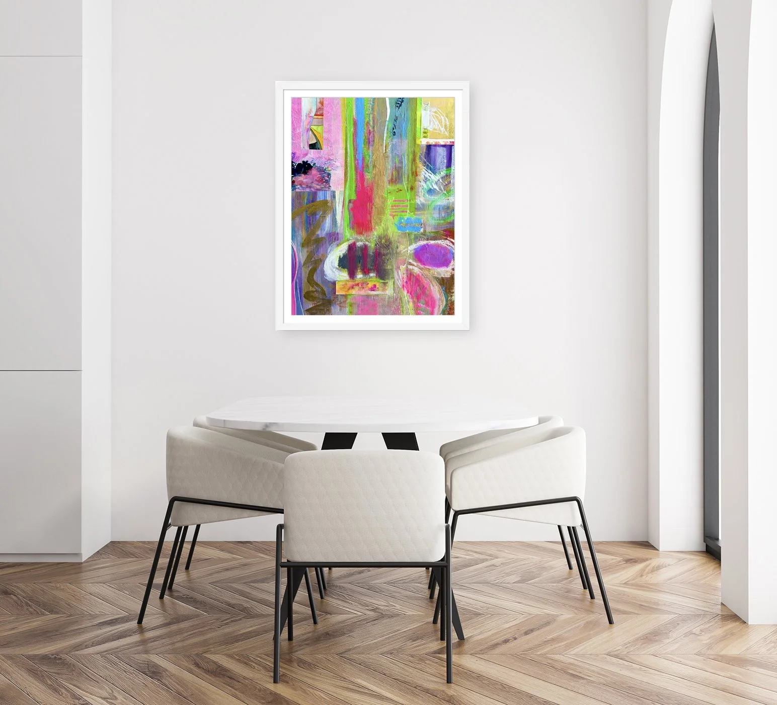 Rebel.18”x24” painting print, matted & framed, in scene. Ceil Diskin, 2025.