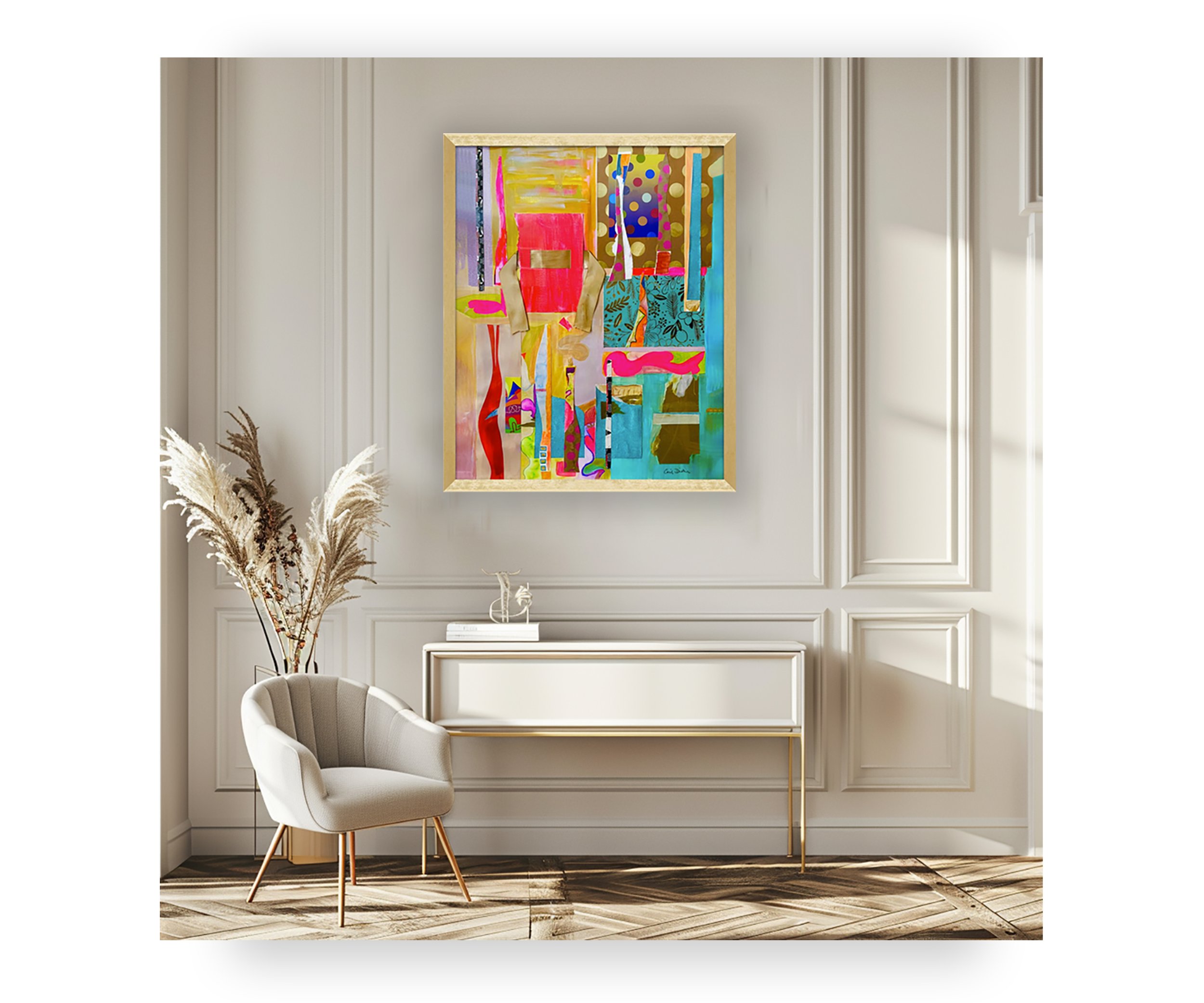 Daisy & Billy, hanging in beige foyer, by Ceil Diskin