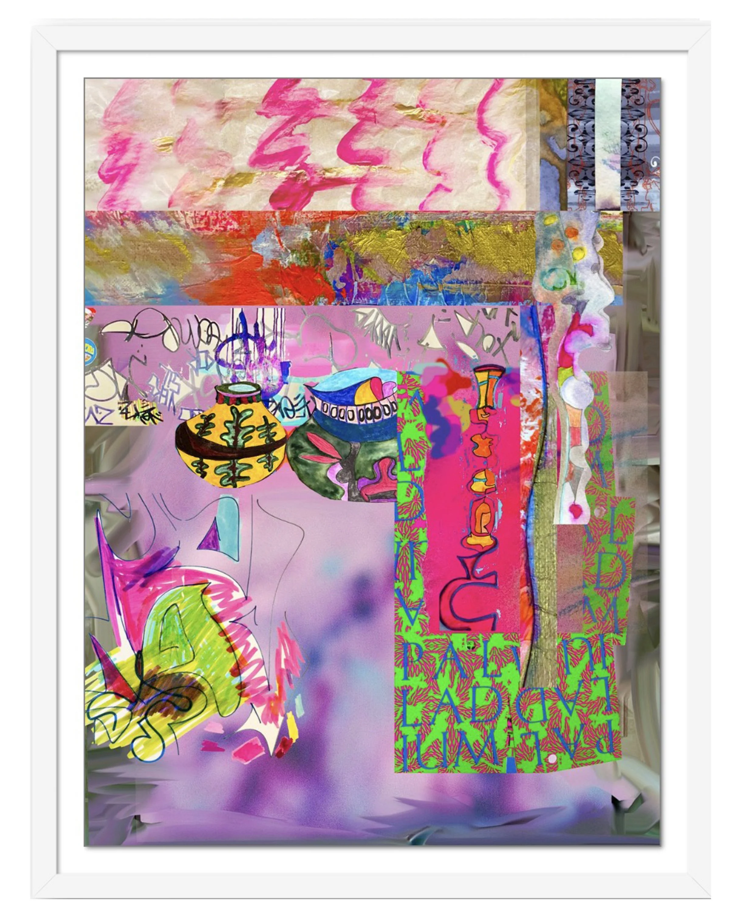 10th Ave. 18’x24” digital collage print matted & framed. Ceil Diskin, 2026.