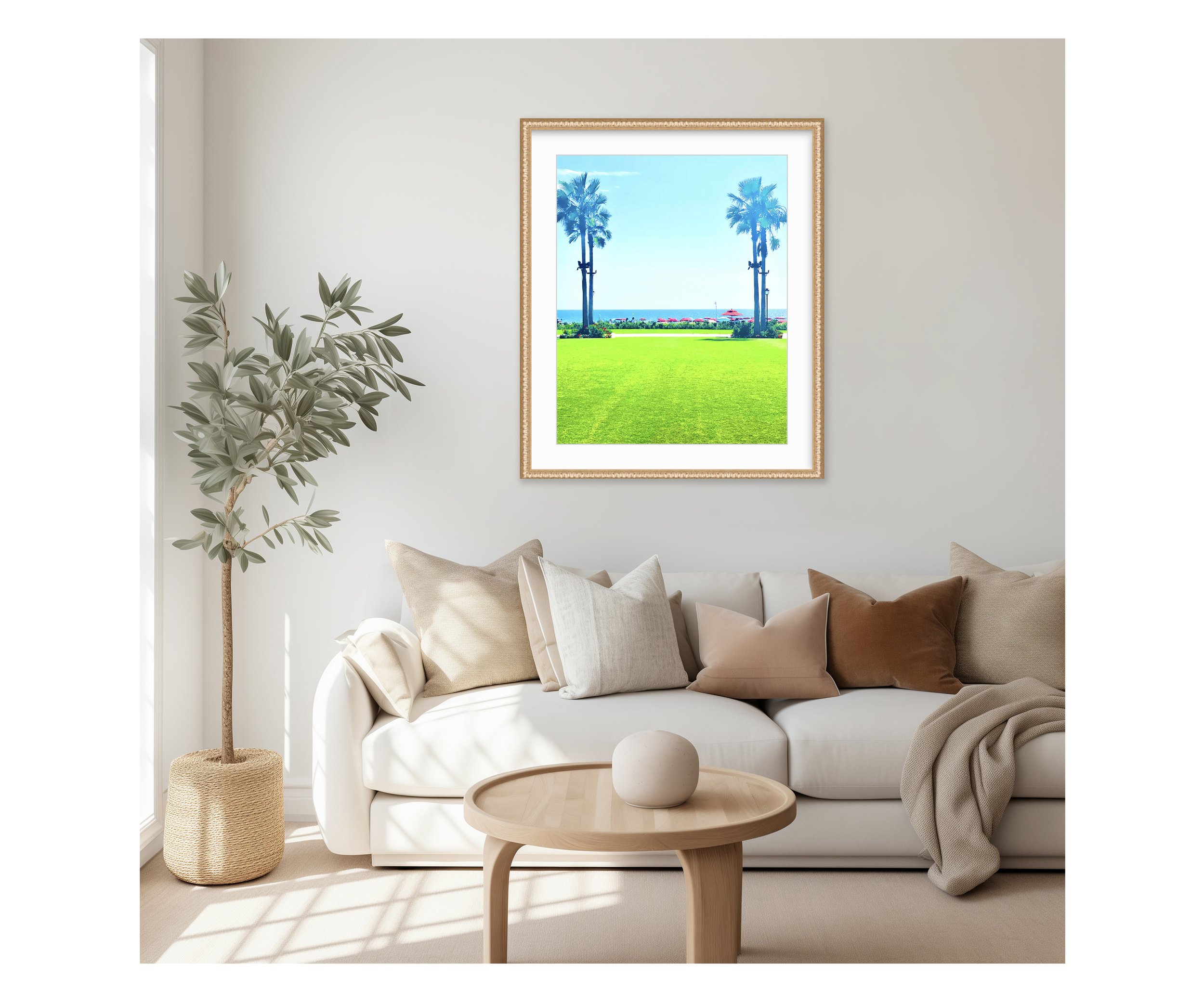 Twin Palm, in beige living room, by Ceil Diskin