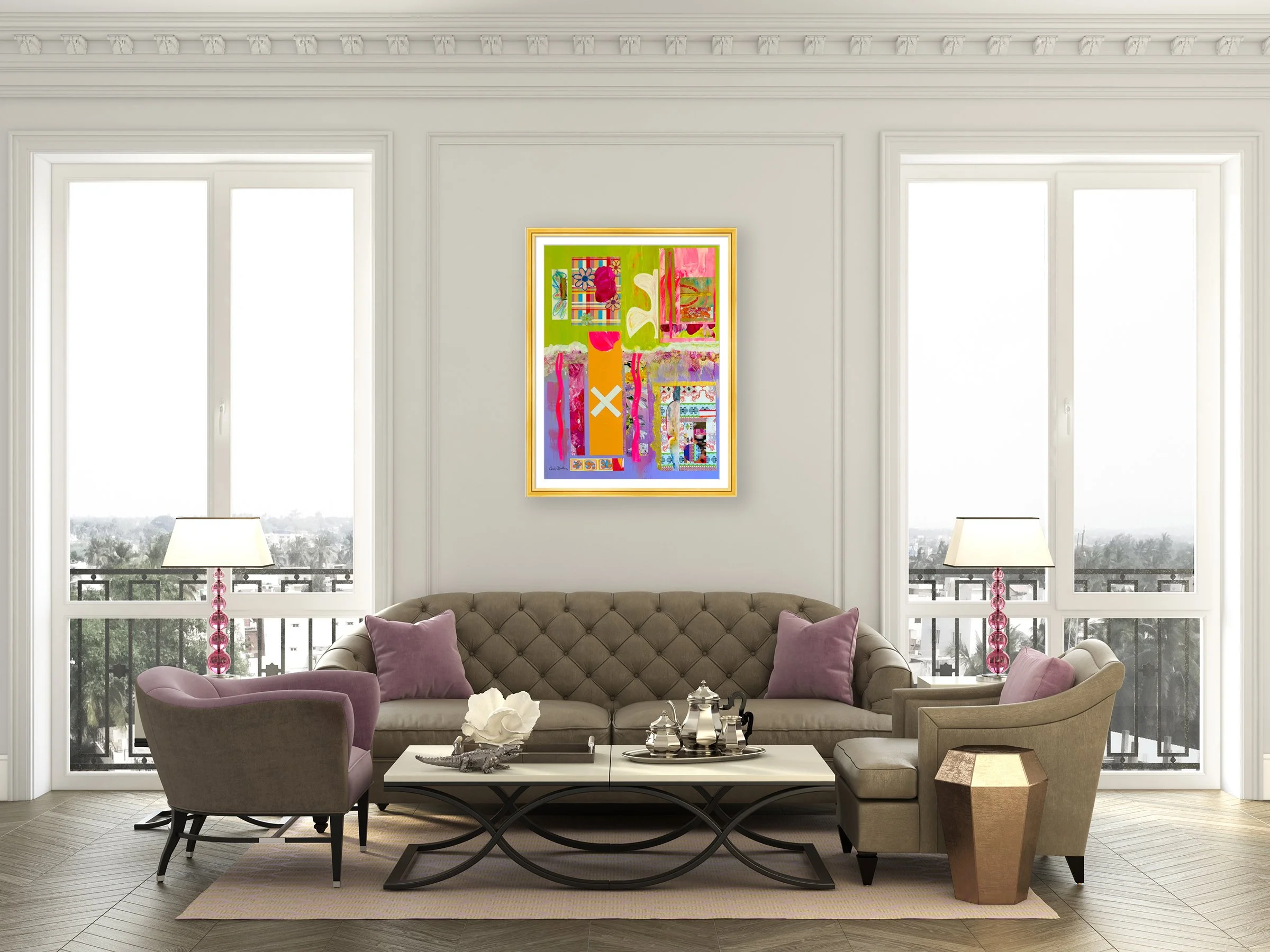 Happy AF. 15x20 collage print, matted & framed, in scene. Ceil Diskin-2025.