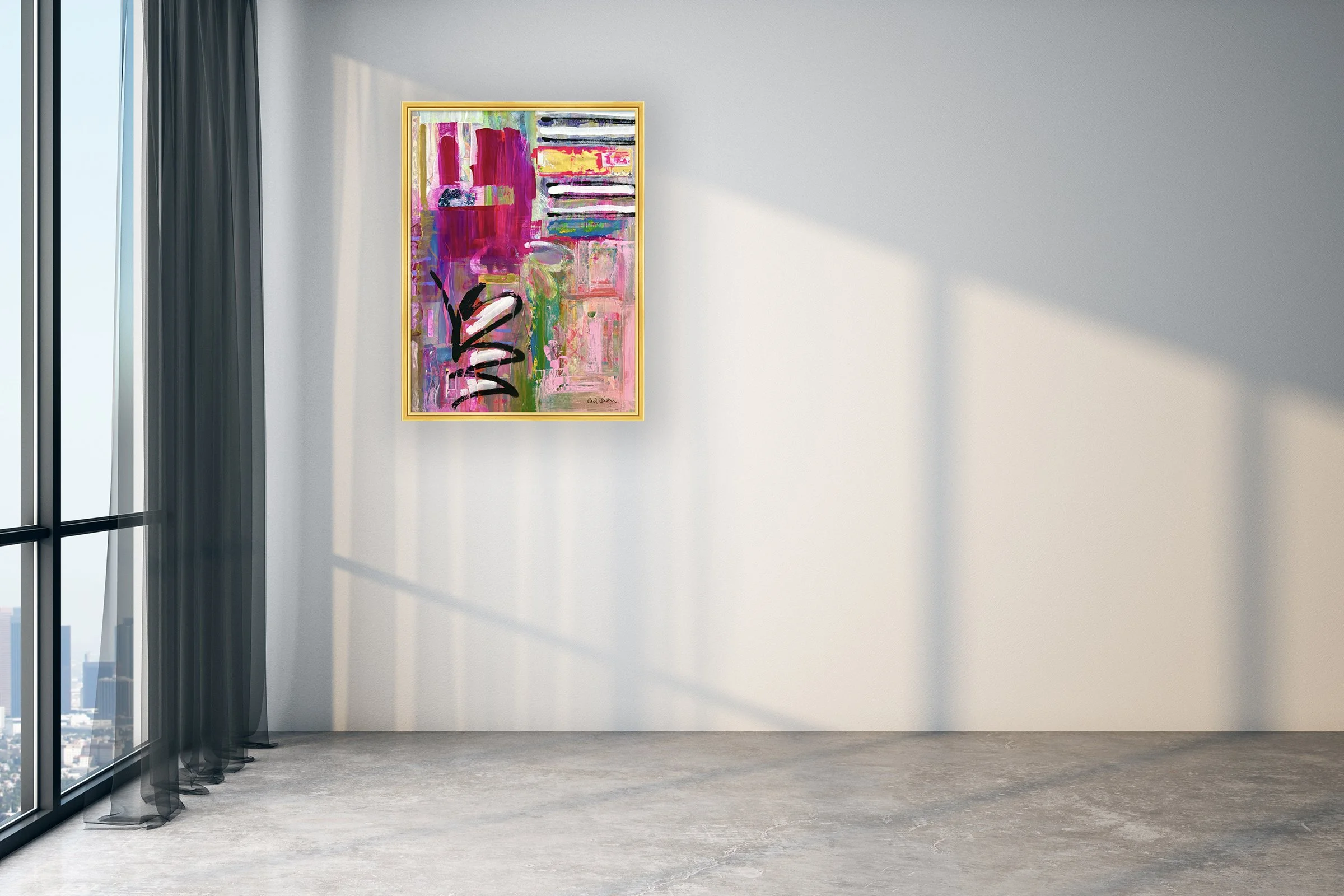 SMASH. 18x24 collage print, matted & framed, in scene. Ceil Diskin-2025.