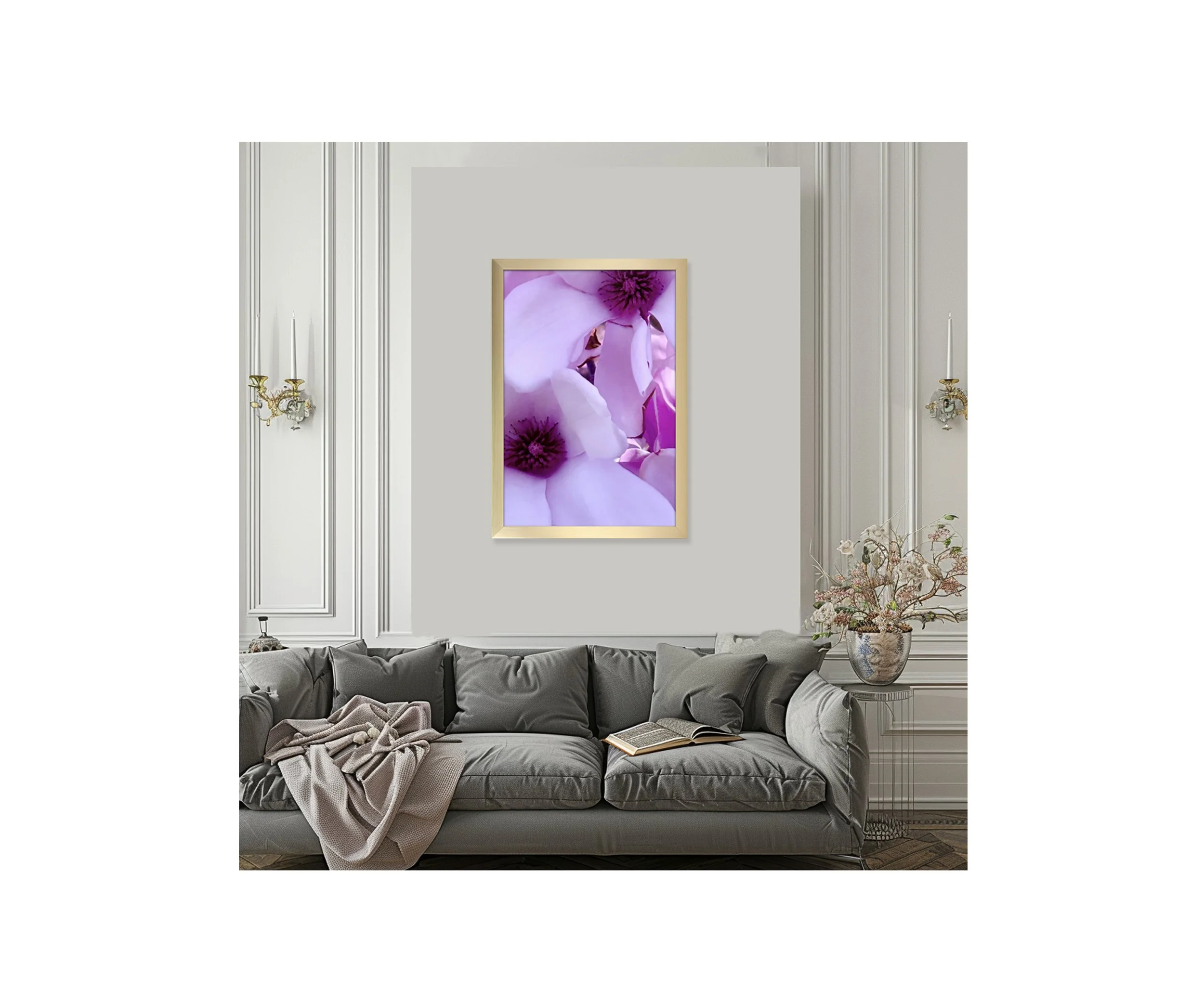 First Blush Lavender, over elegant grey sofa, by Ceil Diskin