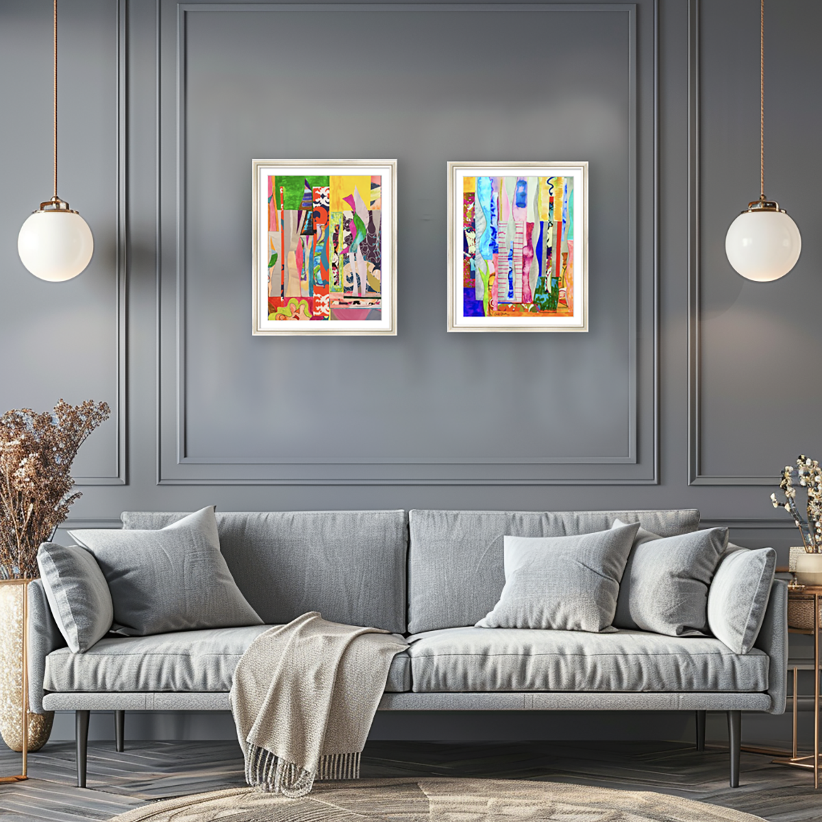 Kiss Me & Restless, Mixed Media Collage, matted and framed, in scene, by Ceil Diskin