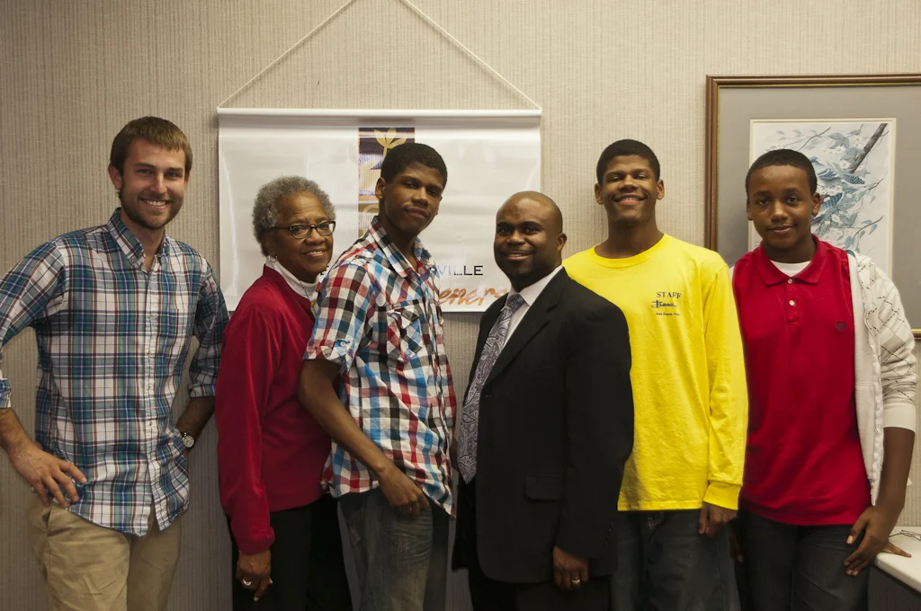 From left to right, Dan Weidenbenner (MVF Director), Deacon Peggy Baxter, Marcellus Stokes (MVF Youth Partner), Pastor Sean Dogan, Morrell Stokes (MVF Youth Partner), and Shannon Johnson (MVF Youth Partner).