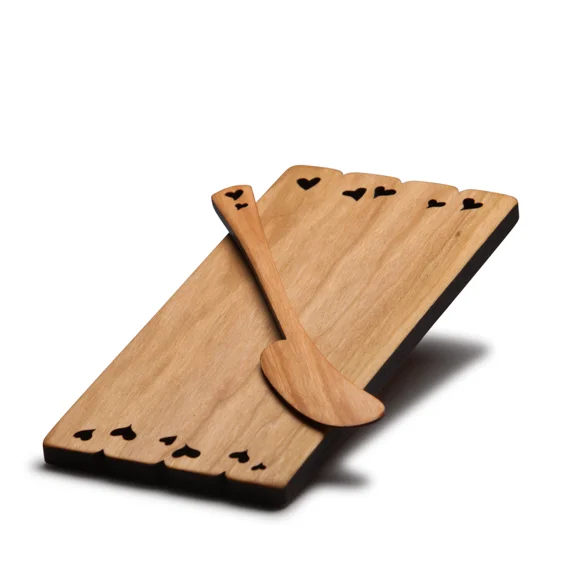 Moon Spoons Cherry Wood Butter Board and Wooden Spreader with Laser Cut Heart Design