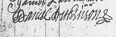 His signature on the will of his sister, Isabel, in 1681. The 'jur' above the name records that he swore as a witness.