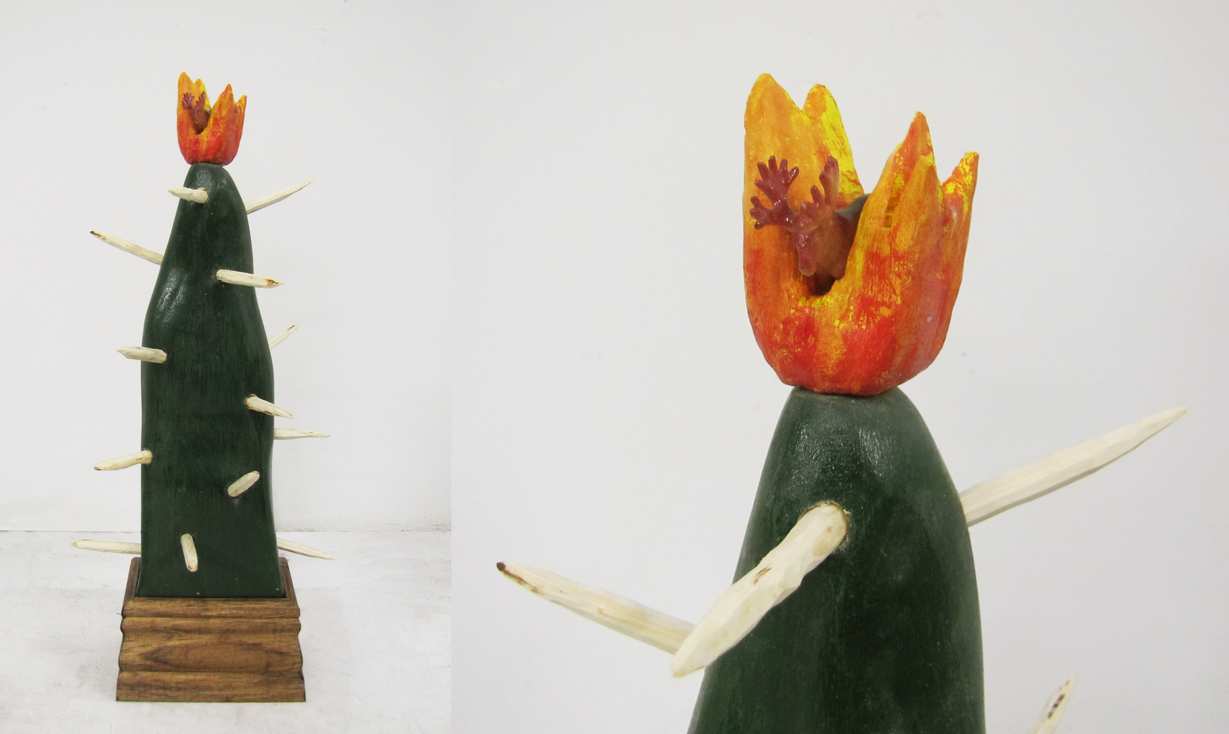   Cactus-Mountain, Moose-fire.   Wood, acrylic paint and plastic moose  18 x 7 x 7 inches 