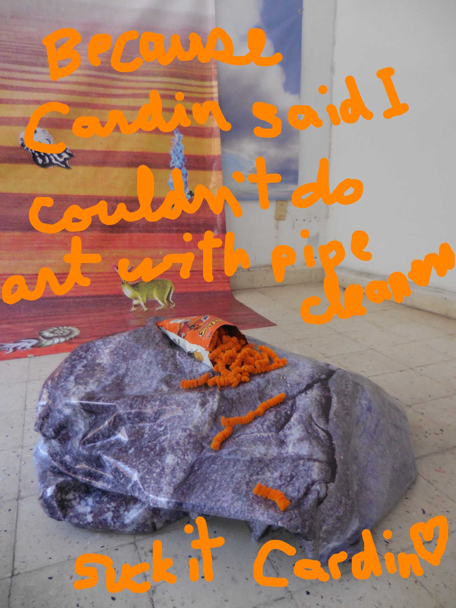   Cheetos,  pipe cleaners and a bag of cheetos. Rock by Mathieu Cardin, background by David Bellemare.  