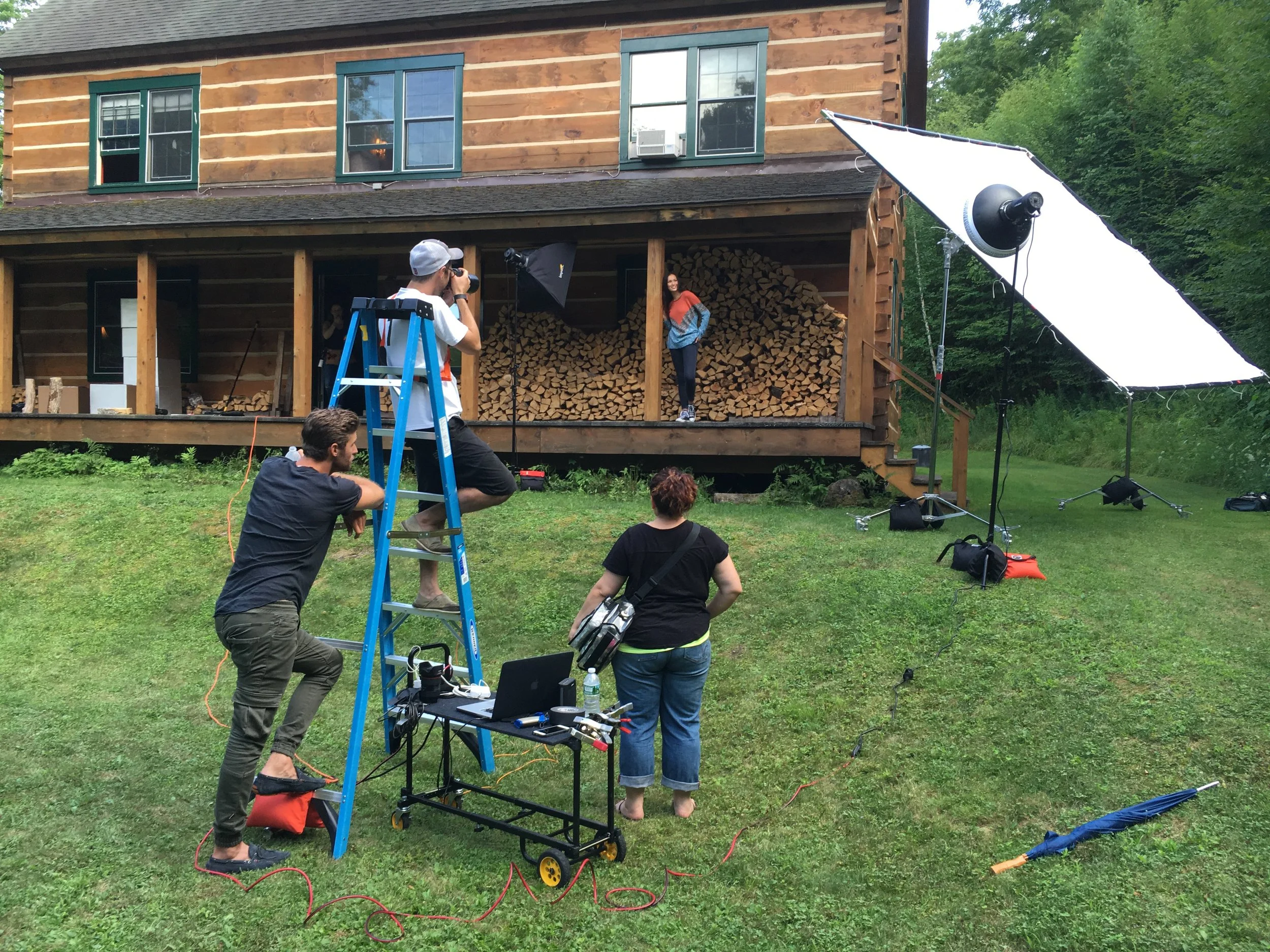 BTS with Model Jacqueline Cassidy of Maggie Inc and ladder technician Jarret Kennedy of Wilhelmina