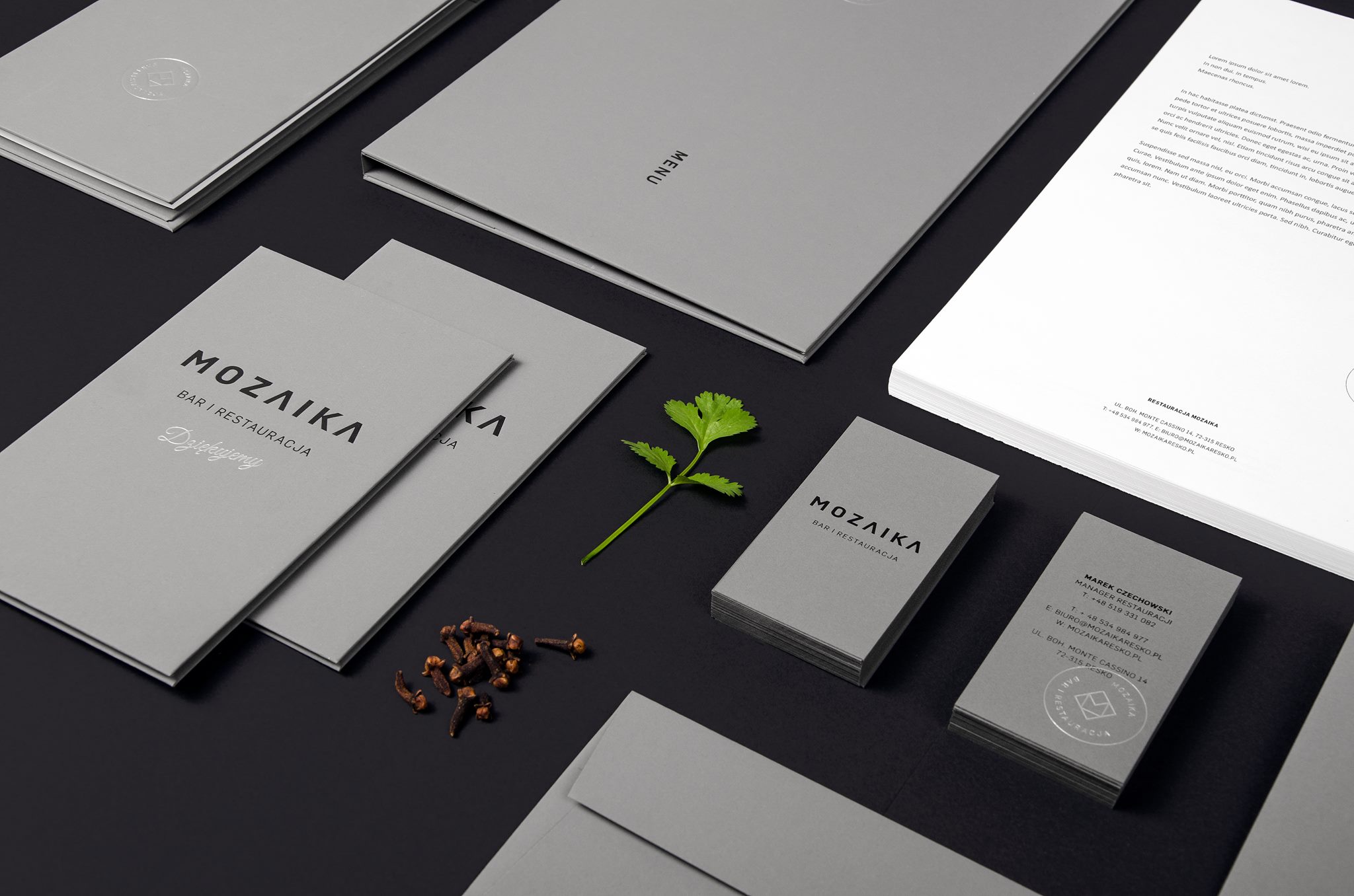 Custom-made - Restaurant Stationery Menu - bill holder - business cards - letterheads - envelopes. Designed By Just Brand Printed by Dot Studio London