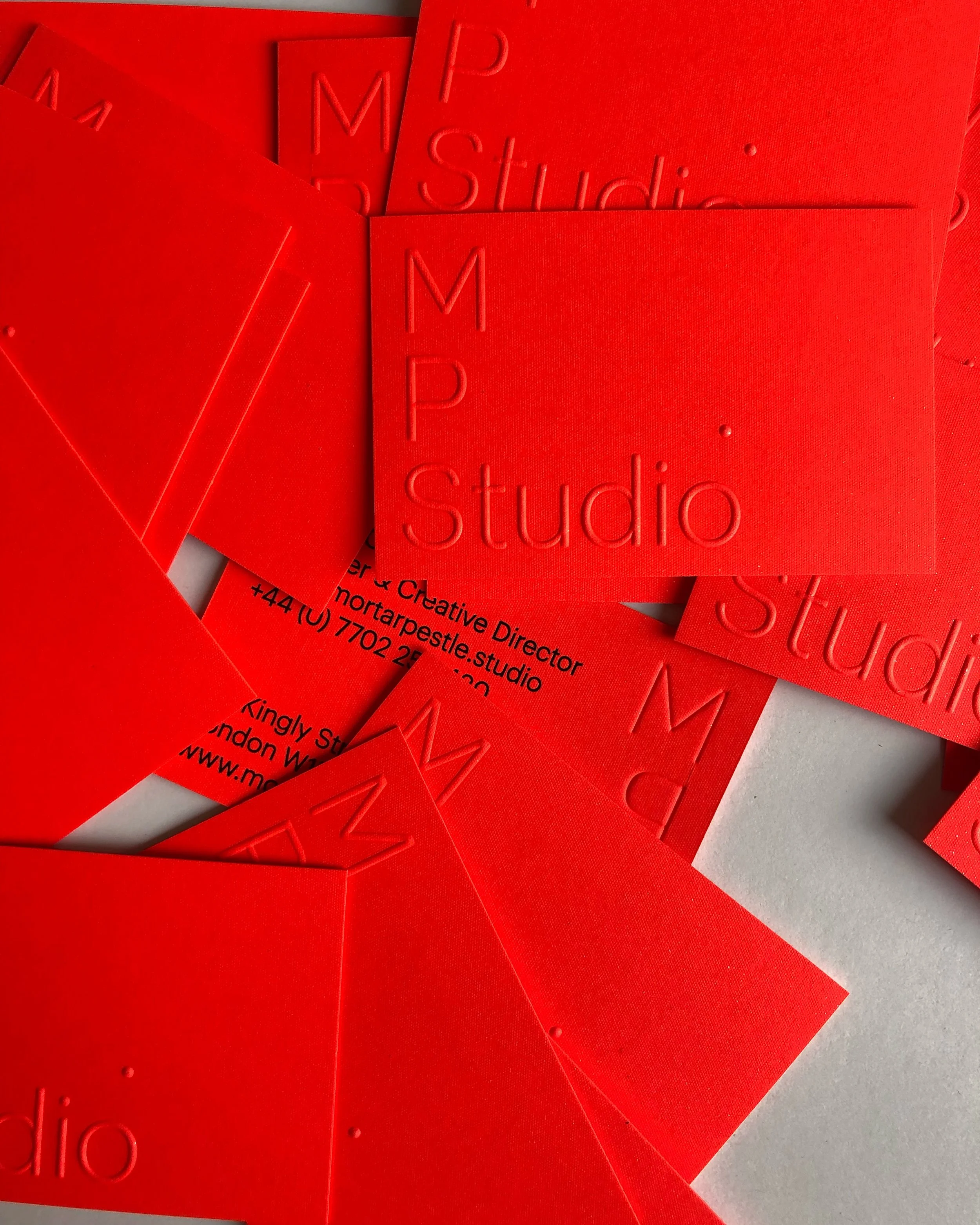  Embossed business cards - London, Dot Studio.  Blind embossing on 430gsm Gmund Action - Electric Blood. Business cards printed for  Mortar Pestle Studio    #embossing   #blindemboss   #gmundpaper   #electricblood   #creativedirector   #MortarPestleS