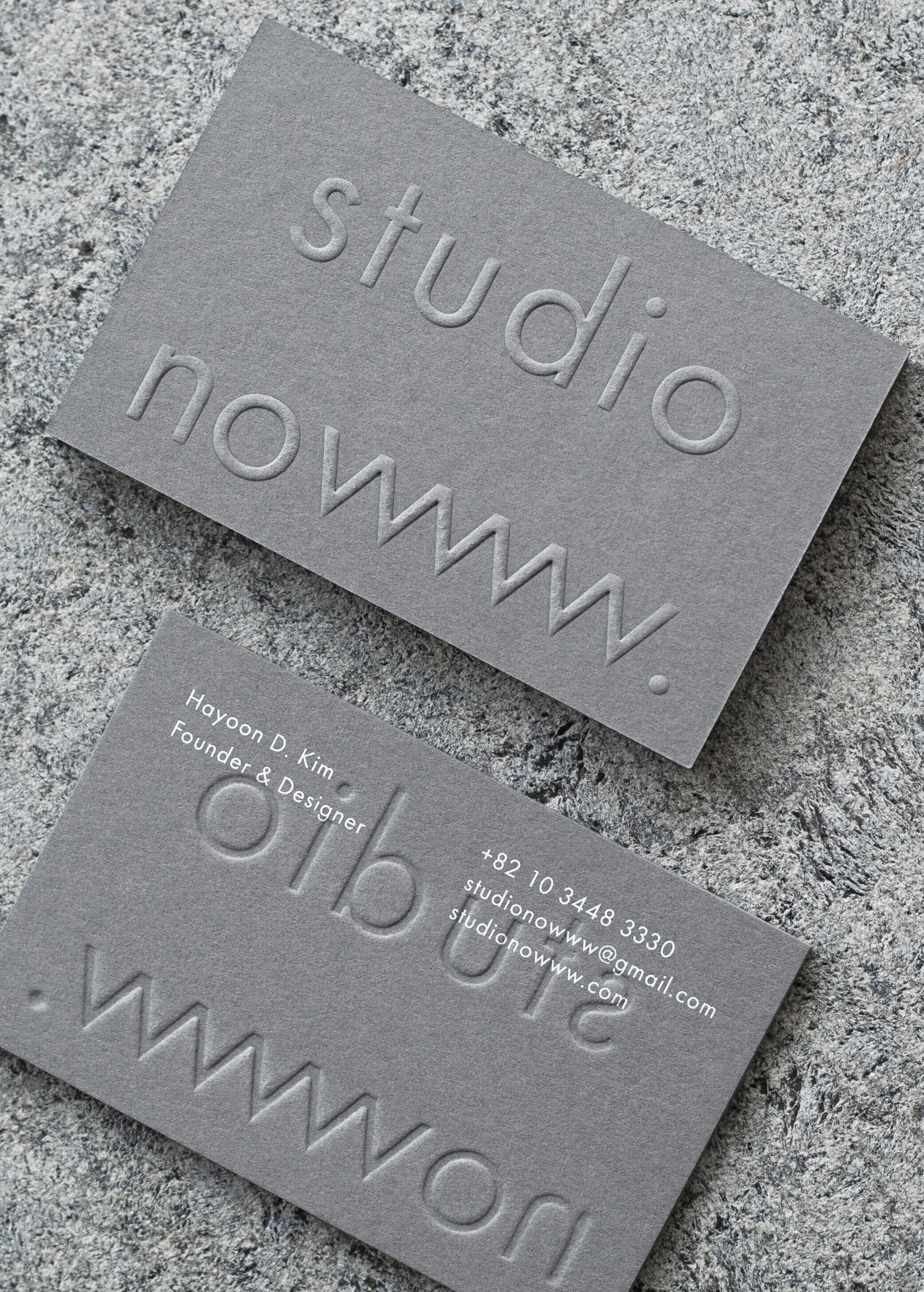 Embossed business cards Printed for Studio Nowww (https://www.studionowww.com) Blind emboss + white screen print on 540gsm Smoke Colorplan Papers Designed by Studio Nowww #embossing #colorplanpapers #blindembossing #embossedbusinesscards #dotstudio #screeprinting #printedbydotstudio #graphicdesign #studionowww