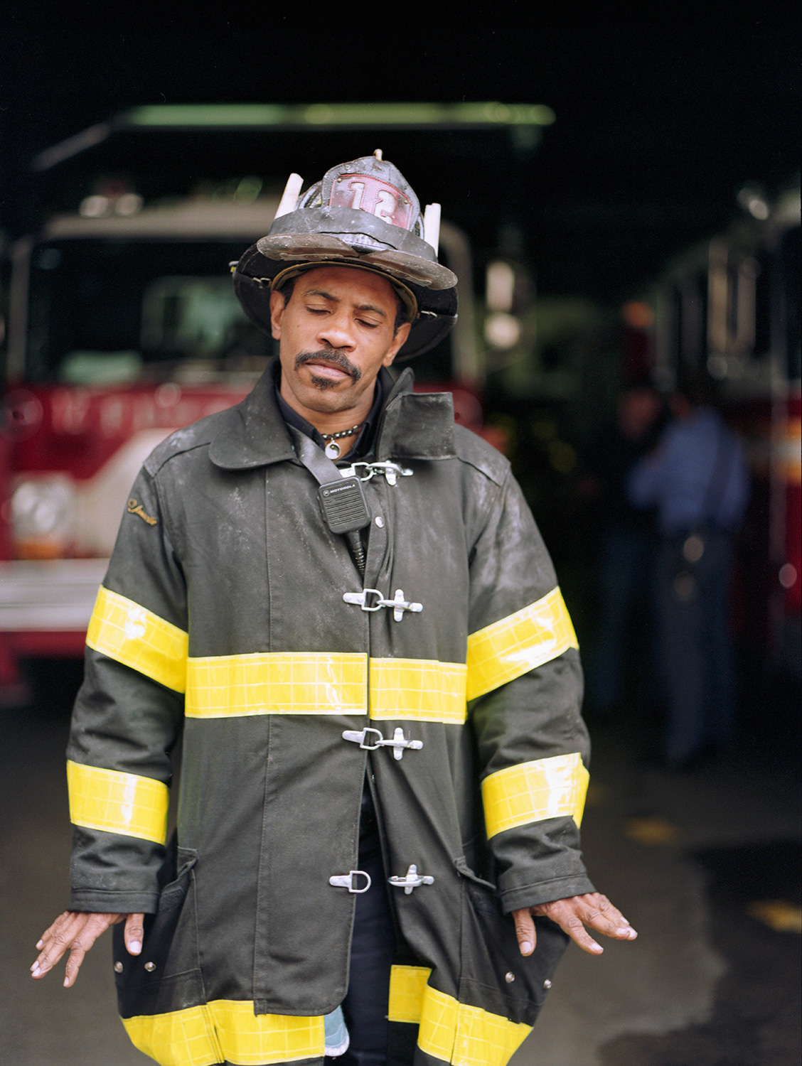 Unnamed firefighter, NYFD Ladder Company. If you had the contact sheet, you’d see he’s all teeth, gusto, and bravura in the frames before and after this one. But the thing is, sometimes, in spite of ourselves, the photo machine captures these