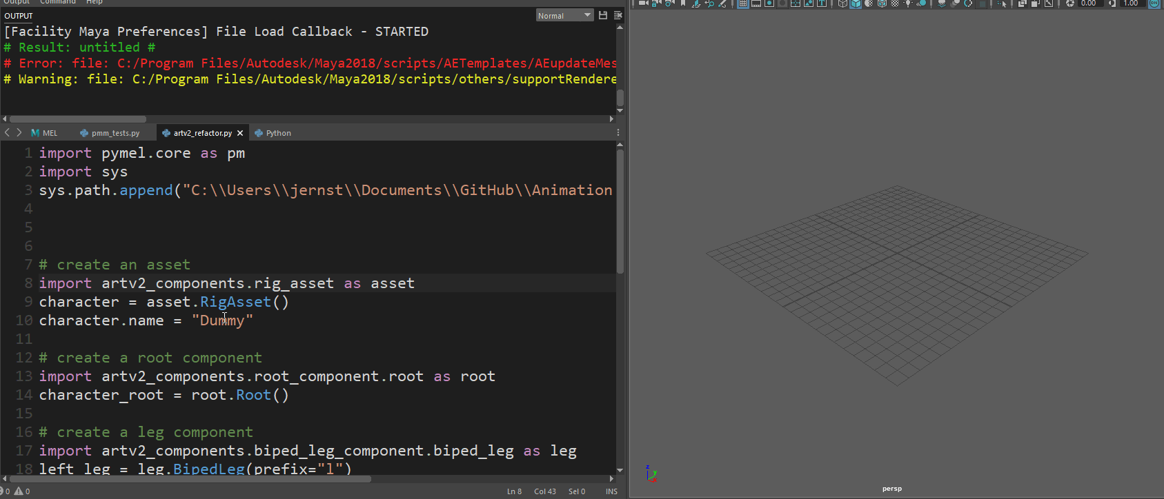 Creating a root and leg, and setting some properties on the leg.