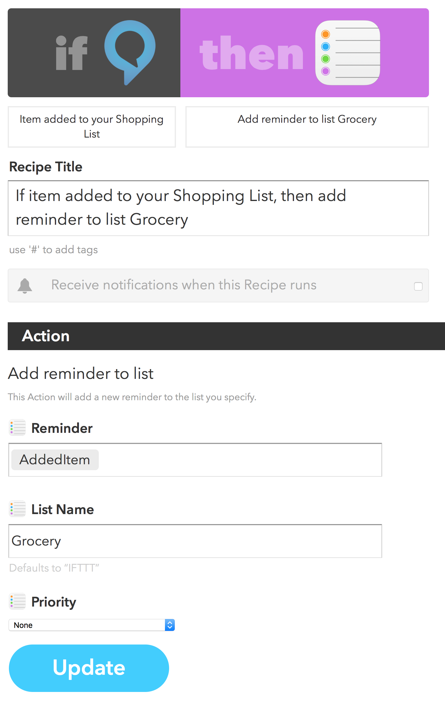 Moving Alexa Shopping List Items to Reminders Grocery List via IFTTT