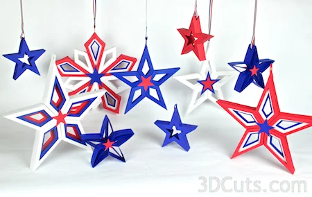 3d Paper Stars by 3dCuts.com, Marji Roy, 3D cutting files in .svg, .dxf, and .pdf formats for use with Silhouette and Cricut cutting machines, paper crafting files