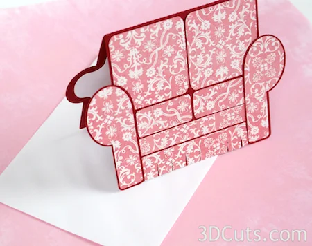 3DCuts.com, Marji Roy, 3D cutting files in .svg, .dxf, and pdf. formats for use with Silhouette and Cricut cutting machines, paper crafting files, Couch Card, Sofa Card, A2 Card