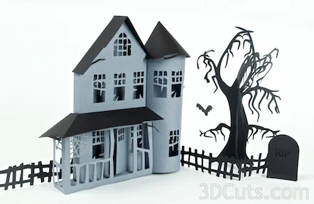 3DCuts.com, Marji Roy, 3D cutting files in .svg, .dxf, and pdf. formats for use with Silhouette and Cricut cutting machines, paper crafting files, Ledge Village Haunted House Series