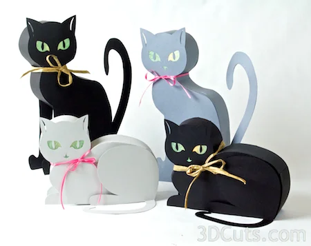 3d Cats by 3dCuts.com, Marji Roy, 3D cutting files in .svg, .dxf, and .pdf formats for use with Silhouette and Cricut cutting machines, paper crafting files, Halloween, Cozy Kitty, Classy Cat