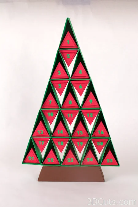 Advent Calendar Tree by Marji Roy of 3dcuts.com, 3D cutting files in .svg, .dxf, and .pdf formats for use with Silhouette and Cricut cutting machines, paper crafting files for Christmas