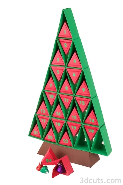 Paper Advent Calendar designed by Marji Roy of 3dcuts.com. Cutting files in SVG, PDF, and DXF formats available for cutting on Silhouette or Cricut. Complete tutorial included.