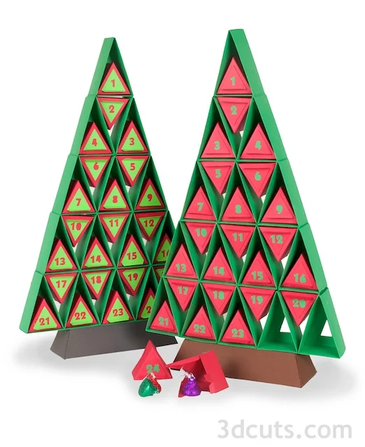 Paper Advent Calendar designed by Marji Roy of 3dcuts.com. Cutting files in SVG, PDF, and DXF formats available for cutting on Silhouette or Cricut. Complete tutorial included.