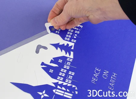 Handmade Christmas Card Design. Silhouette Snowy Town Card by 3dCuts.com, Marji Roy, 3D cutting files in .svg, .dxf, and .pdf formats for use with Silhouette and Cricut cutting machines, paper crafting files,