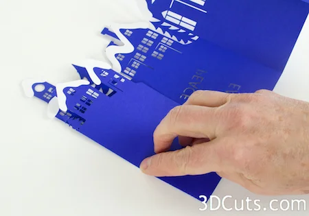 Handmade Christmas Card Design. Silhouette Snowy Town Card by 3dCuts.com, Marji Roy, 3D cutting files in .svg, .dxf, and .pdf formats for use with Silhouette and Cricut cutting machines, paper crafting files,
