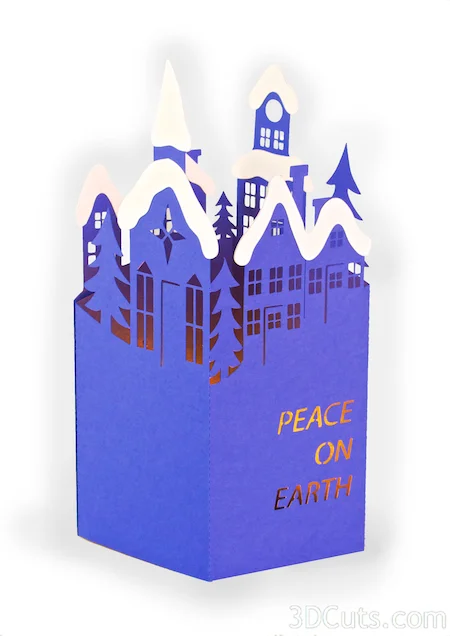 Handmade Christmas Card Design. Silhouette Snowy Town Card by 3dCuts.com, Marji Roy, 3D cutting files in .svg, .dxf, and .pdf formats for use with Silhouette and Cricut cutting machines, paper crafting files,