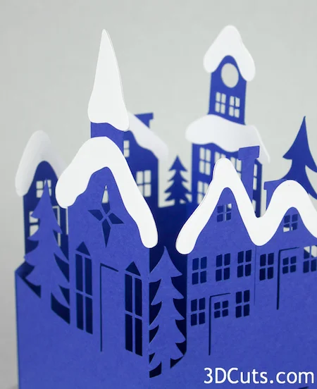 Handmade Christmas Card Design. Silhouette Snowy Town Card by 3dCuts.com, Marji Roy, 3D cutting files in .svg, .dxf, and .pdf formats for use with Silhouette and Cricut cutting machines, paper crafting files,