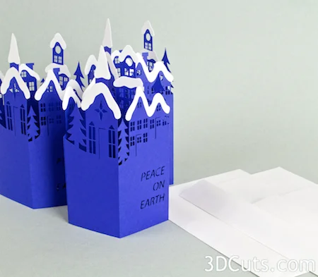 Handmade Christmas Card Design. Silhouette Snowy Town Card by 3dCuts.com, Marji Roy, 3D cutting files in .svg, .dxf, and .pdf formats for use with Silhouette and Cricut cutting machines, paper crafting files,