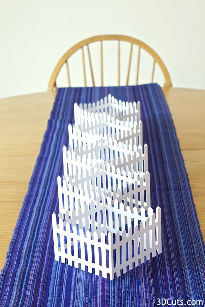 3d Picket Fence Centerpiece cutting files by 3dCuts.com, Marji Roy designs 3D cutting files in .svg, .dxf, and .pdf formats for use with Silhouette and Cricut cutting machines, paper crafting files, complete tutorial included