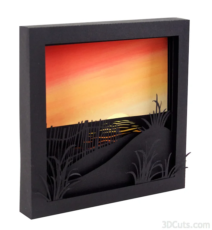 3d Shadow boxes by 3dCuts.com, Moonrise, Sunrise, Marji Roy, 3D cutting files in .svg, .dxf, and .pdf formats for use with Silhouette and Cricut cutting machines