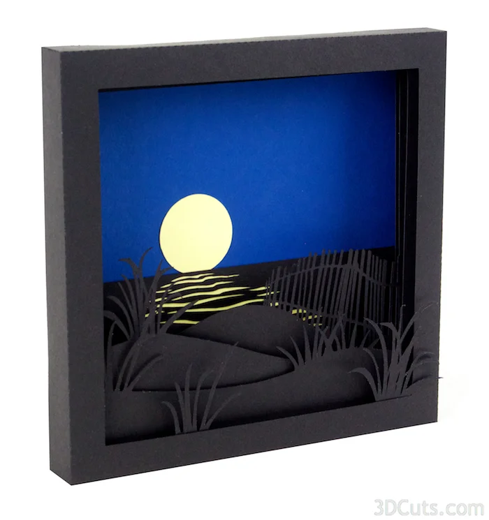 3d Shadow boxes by 3dCuts.com, Moonrise, Sunrise, Marji Roy, 3D cutting files in .svg, .dxf, and .pdf formats for use with Silhouette and Cricut cutting machines