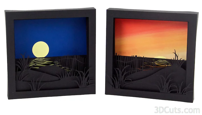 3d Shadow boxes by 3dCuts.com, Moonrise, Sunrise, Marji Roy, 3D cutting files in .svg, .dxf, and .pdf formats for use with Silhouette and Cricut cutting machines
