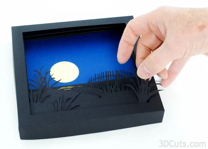 3d Shadow boxes by 3dCuts.com, Moonrise, Sunrise, Marji Roy, 3D cutting files in .svg, .dxf, and .pdf formats for use with Silhouette and Cricut cutting machines