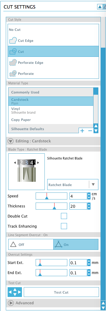 You find the Line Over Cut Settings by clicking in the cut icon in the upper right, selecting card stock as a material and then the advanced settings. Turn on the Over Cut Setting and increase both to .1.